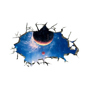 Macro detail of 3D cracked wall sticker showing cosmic space planets and galaxy nebula