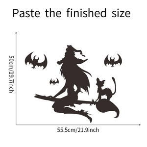 Detail view of Halloween witch and bats silhouette wall sticker with finished size layout