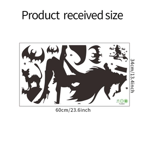 Layout detail of Halloween bat, witch, and black cat wall stickers with precise dimensions