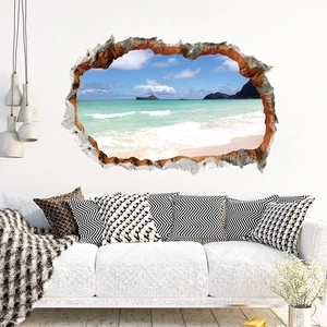 3D realistic broken wall sticker with ocean beach landscape on minimalist white wall