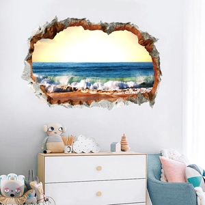 Detailed 3D broken wall effect beach sticker shown in a minimalist home interior setting