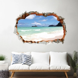 Detailed 3D broken wall beach scenery wall sticker showing tropical ocean and white sand