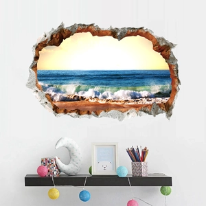 3D realistic cracked wall sea beach sticker for home living room background wall decor