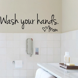 Wash Your Hands Mom vinyl wall sticker on bathroom white tiles with soap dish decor
