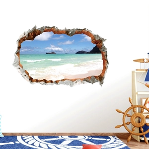 Detailed 3D ocean beach landscape wall decal with cracked wall visual effect decoration