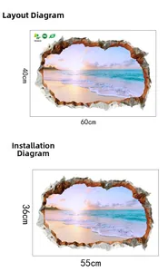 3D broken wall decal with sunset beach scenery showing layout and finished size details