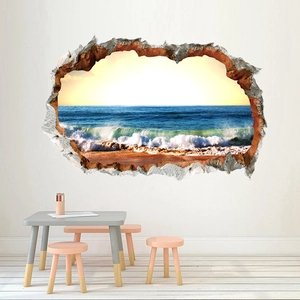 3D wall sticker with ocean beach sunrise view featuring a broken wall visual effect