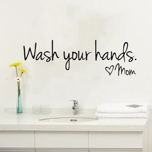 Wash Your Hands Mom PVC Wall Sticker Removable Bathroom Decal Handwritten Art Letters Heart Pattern Home Toilet Decoration