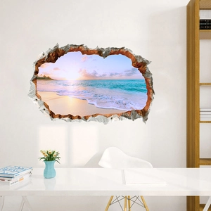 Detailed view of 3D cracked wall decal featuring a sunset beach and ocean waves landscape