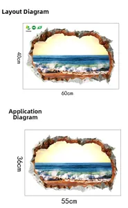 Detailed dimensions for 3D broken wall beach sticker made of durable PVC material