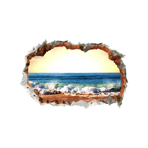 Detailed 3D hole-effect wall sticker with realistic ocean beach and wave landscape design