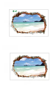 Detailed PVC 3D beach wall sticker showing layout dimensions and finished application size