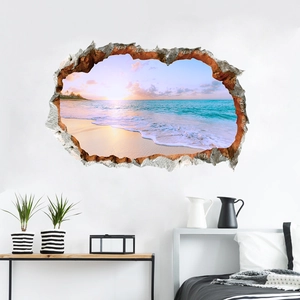 3D dreamlike beach sunset broken wall sticker for bedroom and living room wall decor