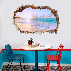 3D beach sunset wall decal with broken wall effect for modern living room decor