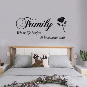Family quote vinyl wall sticker with rose design for minimalist bedroom decor