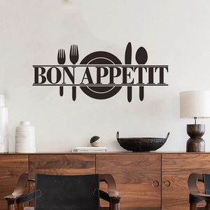 Minimalist Bon Appetit wall decal with cutlery icons for kitchen and dining room decor