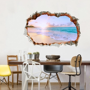Detail of 3D cracked wall sticker showing a tropical beach sunset scene for dining room decor