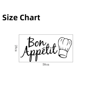 Kitchen wall sticker size chart showing Bon Appetit mural dimensions 28cm by 58cm