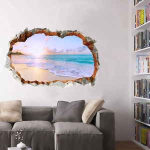 Adesivo murale 3D con tramonto oceanico realistico su una parete del soggiorno