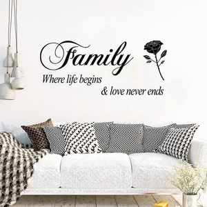 Detailed view of Family wall decal with black rose art in a modern living room setting
