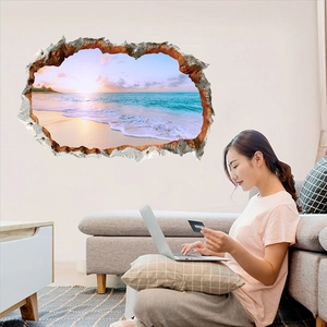 Adesivo murale 3D effetto muro rotto con spiaggia al tramonto per decorazione del soggiorno