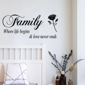 Modern black vinyl wall decal with Family quote and rose for living room home decor
