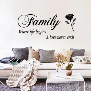 Family Where Life Begins Love Never Ends Quote Wall Sticker Rose Floral Pattern Black PVC Decal For Bedroom Living Room Decor