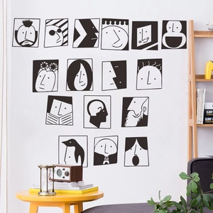 Set of 16 minimalist black and white cartoon portrait wall art decals for modern home decor