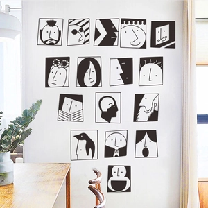 Minimalist black and white cartoon portrait wall stickers set for bedroom decor