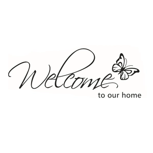 Moderner schwarzer Welcome to our home Wandtattoo mit Schmetterlingsdekor für Zuhause