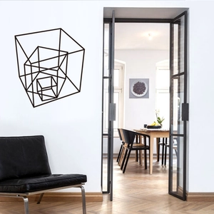 Detail van 3D geometrische kubus muurstickers in een moderne minimalistische woonkamer