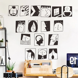 Minimalist black and white hand-drawn cartoon portrait wall sticker set of 16 pieces