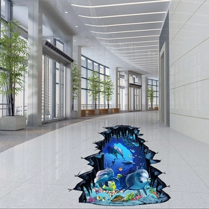 Sticker de sol 3D détaillé avec dauphins et récif de corail dans un couloir moderne