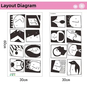 Abstract line art face stickers layout showing size 30x60cm and minimalist black white style