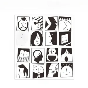 Detail view of 16 abstract cartoon character stickers in black and white minimalist line art