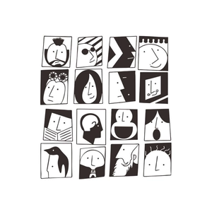 Minimalist black and white hand-drawn cartoon avatar stickers in a 4x4 artistic matrix