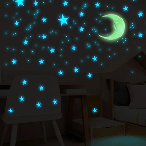 Adesivi da muro fluorescenti con stelle e luna blu per la decorazione della camera