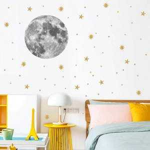 Adesivi murali nordici con luna grigia e stelle glitter dorate per camera da letto bimbi