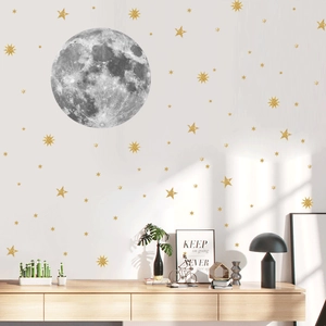 Adesivi Murali Luna Grigia Realistica E Stelle Glitterate Oro Murale Fai Da Te In PVC Removibile Per Camera Da Letto
