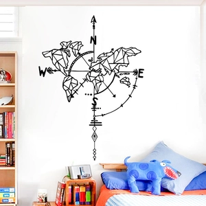 Minimalist geometric world map and compass wall decal for modern office and home decor
