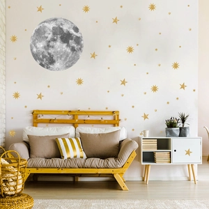 Adesivi murali luna grigia realistica e stelle dorate glitterate per decorazione salotto