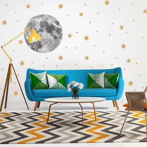 Adesivi murali luna realistica e stelle glitter oro per decorazione camera bambini nordica