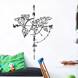 Minimalist geometric world map wall sticker with compass design for Nordic home decor