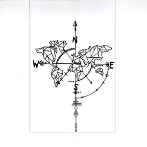 Detailed technical drawing of world map wall sticker with dimensions and compass design