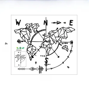 Detailed wall sticker layout of black PVC geometric world map with compass and dimensions