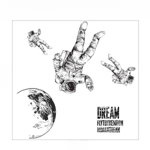 Detail showing astronauts and moon wall stickers layout with Dream quote, 127cm wide