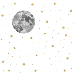 Adesivi murali luna grigia realistica con stelle dorate glitterate per l'arredamento di casa