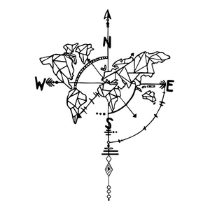 Geometric world map wall sticker with compass design for home and office decor