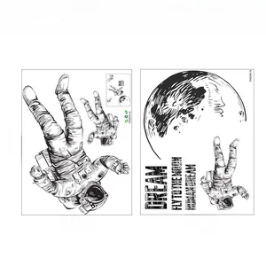 Detail layout showing astronaut and half-moon wall decals with exact size measurements