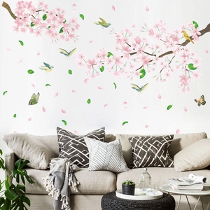 Detailed wall sticker layout featuring pink cherry blossoms, green leaves, and flying birds